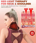 Woman using Red Light Therapy Belt for Neck & Shoulders with 36 LEDs and dual wavelengths of 660nm/850nm for muscle relief.