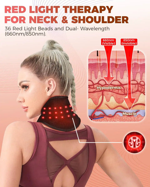 Woman using Red Light Therapy Belt for Neck & Shoulders with 36 LEDs and dual wavelengths of 660nm/850nm for muscle relief.
