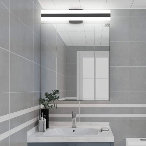 Bathroom setting with Dope Sleek Black Vanity Light 23.6 Inch LED Up and Down Fixture With Frosted White Acrylic Diffusers above mirror.