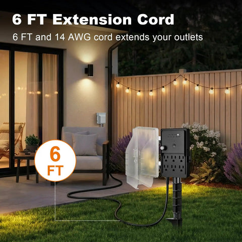 Outdoor Dusk To Dawn Stake Timer Power Hub With Six Outlets, Weatherproof Power Strip On A 6ft Extension Cord shown in garden setup