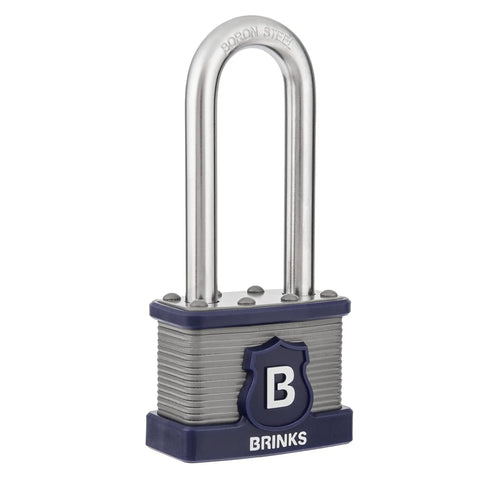XT Series 44mm Laminated Steel Padlock With Two And Three Eighths Inch Shackle Weather Resistant And Hardened Boron Steel Lock 2 Pack Heavy Duty Security For Commercial Use, shown upright showing boron shackle and laminated body.