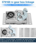 Front view of Sobalai RV step motor conversion kit gear box with curved linkage; silver housing and mounting plate.
