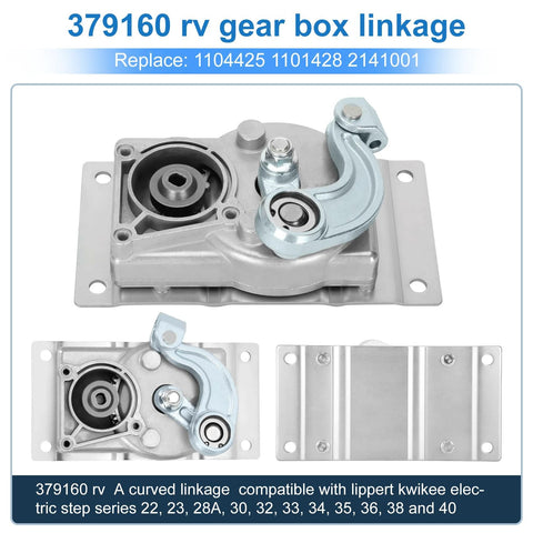 Front view of Sobalai RV step motor conversion kit gear box with curved linkage; silver housing and mounting plate.