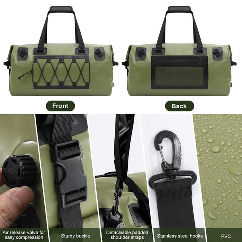 Heavy Duty 70L Roll Top Waterproof Duffel Bag for Kayaking, Rafting, Camping, and Motorcycle Rides with beefed up straps and handles