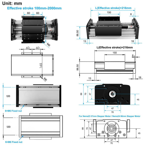 Beefy Heavy Duty Linear Rail Guide System Dustproof 265 Lb Load 8 Inch Stroke 200mm Travel 2005 Ballscrew diagram