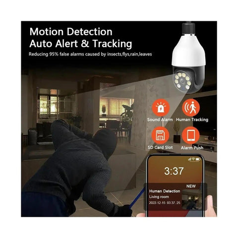 5MP PtZ Security Camera With E27 Bulb Socket Dual Band Wifi For Snagging Action And Color Night Vision Out To 65 Feet showing motion detection alert and tracking features.