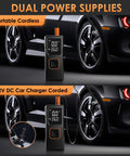 Cordless Tire Inflator Air Compressor With Digital Pressure Gauge Ultra Fast 150 PSI Portable Pump For Car, Bike, Motorcycle And Balls On The Go Quick Inflate Auto Shut Off 3x Faster Than Competing Models shown in portable and corded modes