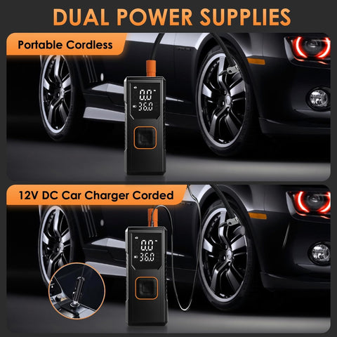 Cordless Tire Inflator Air Compressor With Digital Pressure Gauge Ultra Fast 150 PSI Portable Pump For Car, Bike, Motorcycle And Balls On The Go Quick Inflate Auto Shut Off 3x Faster Than Competing Models shown in portable and corded modes