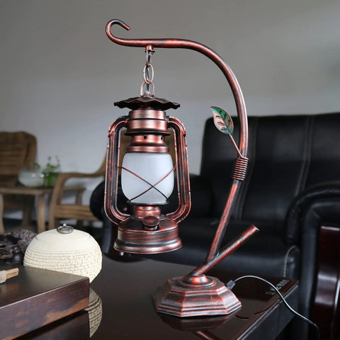 Rustic Lantern Table Lamp With Glass Shade For Living Room And Bedroom Cozy Nightstand Lighting in a living room setting