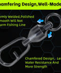 Six Ball Bearing Fishing Swivels And Snaps For Trolling And Bass Fishing, black metal swivel and snap close-up
