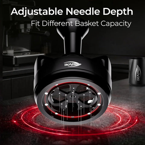 Close-up of Heavy Duty 58mm WDT Tool showing adjustable needle depth for different basket sizes, ideal for espresso preparation.