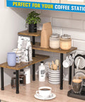 Hella Practical 3 Tier Kitchen Countertop Organizer And Rustic Brown Corner Shelf, perfect for coffee stations with plants and mugs.