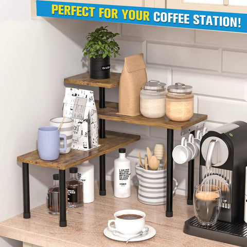 Hella Practical 3 Tier Kitchen Countertop Organizer And Rustic Brown Corner Shelf, perfect for coffee stations with plants and mugs.