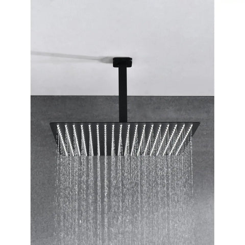 Shower System Combo with Hand Shower, 16-inch and tub spout overhead rainfall shower head in matte black finish.