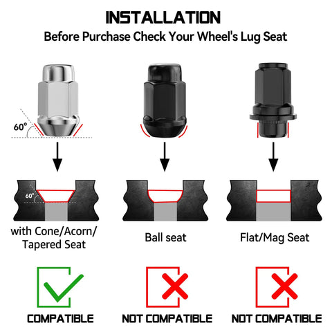 Installation guide for Chrome Bulge Acorn Lug Nuts Set M12x1.5 Thread 60 Degree Conical Seat compatibility check.