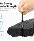 Hand holding 12 Inch UV Resistant Zip Tie around rock, demonstrating 75 Lbs tensile strength and heat resistance