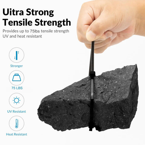 Hand holding 12 Inch UV Resistant Zip Tie around rock, demonstrating 75 Lbs tensile strength and heat resistance