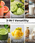 EanOruus 3-in-1 Cold Press Juicer With Huge 6.5 Inch Wide Chute And 100 Oz Tank For Fresh Juice Nut Milk And Sorbet, displaying various drinks.
