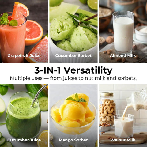 EanOruus 3-in-1 Cold Press Juicer With Huge 6.5 Inch Wide Chute And 100 Oz Tank For Fresh Juice Nut Milk And Sorbet, displaying various drinks.