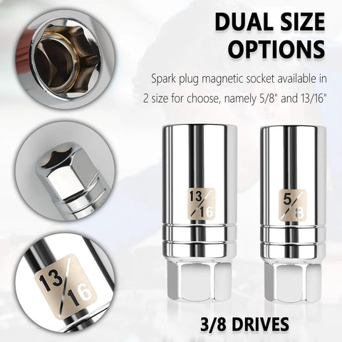 Front view of two 3/8 drive magnetic spark plug sockets, including 13/16 Inch Magnetic Spark Plug Socket With 3/8 Drive, 6 Point Thin Wall Design