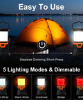 Image showing Ultra Bright LED Camping Lantern Rechargeable 1000LM With 5 Lighting Modes IP44 Waterproof next to a lit tent by a lake.