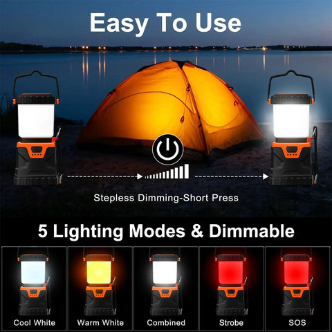 Image showing Ultra Bright LED Camping Lantern Rechargeable 1000LM With 5 Lighting Modes IP44 Waterproof next to a lit tent by a lake.