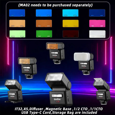 IT32 TTL Camera Flash Kit With X5S Trigger For Sony And Other Brands, showing magnetic hotshoe, flash heads, color gels.