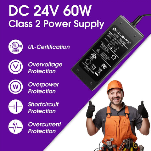 24V 60W Power Supply Adapter, 5.5 x 2.1mm DC Plug, UL Listed AC to DC Converter for LED Strip Lights and Low Voltage Gadgets shown with features