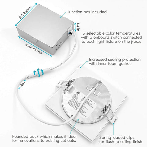 Back view of 4 Inch Ultra Thin Square LED Recessed Lighting Kit, showing junction box and sealing protection details.