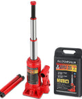 3 Ton Double Ram Bottle Jack With Extended Lift Range From 6.5 To 16.5 Inches beside its carrying case