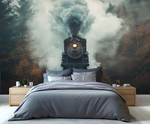 Epic Locomotive Through Foggy Forest 3D Wall Mural Dope Train Adventure Wallpaper in bedroom, 118x82.6 silk cloth, durable decor.