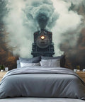 Steam Train Mural Misty Forest Wall Decor For Living Room And Bedroom Vintage Locomotive Railway Wall Art Natural Forest Scene Non Self Adhesive 118 By 82 Inch featured in a bedroom setting with bed in view.