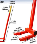 Heavy Duty Pallet Buster Tool With One Piece Handle And Pivoting Head Built Tough For Demolition Deck Board Remover And Wrecker Pry Bar With Nail Puller Pro Grade Pallet And Deck Demolition Bar Orange, displayed with measurements