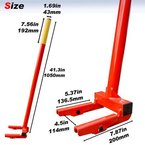 Heavy Duty Pallet Buster Tool With One Piece Handle And Pivoting Head Built Tough For Demolition Deck Board Remover And Wrecker Pry Bar With Nail Puller Pro Grade Pallet And Deck Demolition Bar Orange, displayed with measurements