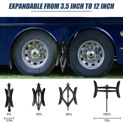X Shaped Heavy Duty Wheel Stabilizer For Travel Trailers Campers And RVs Adjustable 3.5 To 12 Inch with wheels in background