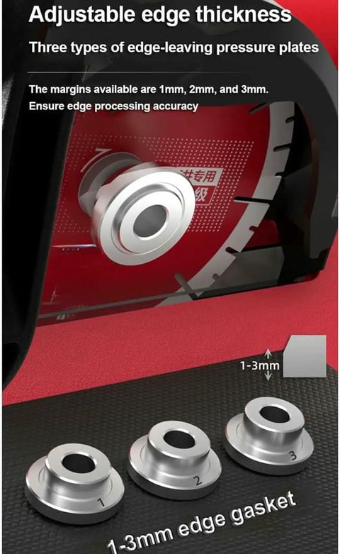 Built Tough 45 Degree Electric Tile Chamfering Machine With Adjustable Spacer Plates showing 1-3mm edge gaskets for precision beveling.