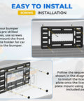 Installation instructions showing Heavy Duty Universal Front License Plate Bracket Mount No Sweat Setup for flat bumpers.