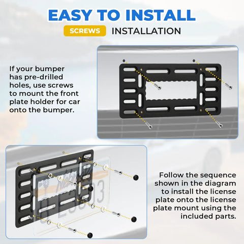 Installation instructions showing Heavy Duty Universal Front License Plate Bracket Mount No Sweat Setup for flat bumpers.