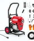 Hardcore Heavy Duty 1100W Electric Drain Cleaner with 120 Ft Kink Proof Steel Snake and accessories for tough clogs.