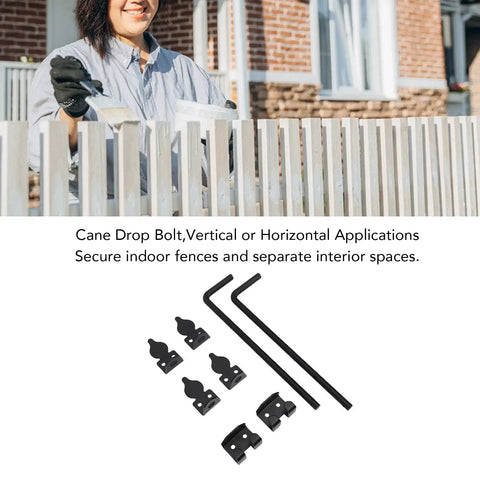 Heavy Duty Cane Drop Bolt for Wooden Gates, Vertical or Horizontal Mount, Weatherproof Steel Gate Drop Rod on white fence