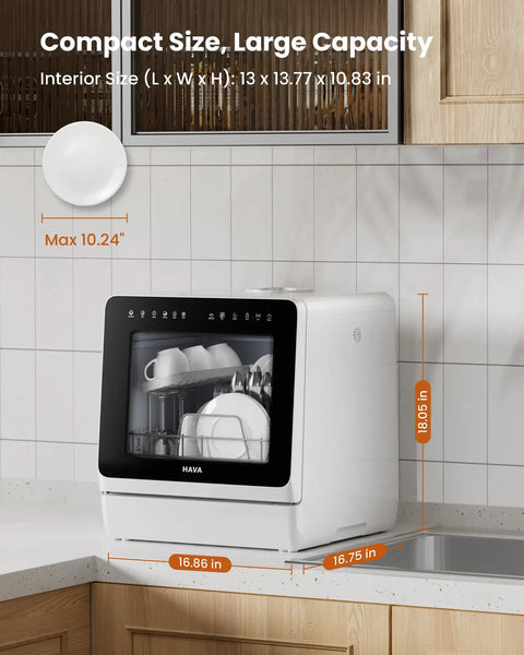 Compact Countertop Dishwasher With Built In Water Softener And Smart Eco Mode For Zero Hassle Cleaning and Spotless Dishes. Dimensions 13x13.77x10.83 in.