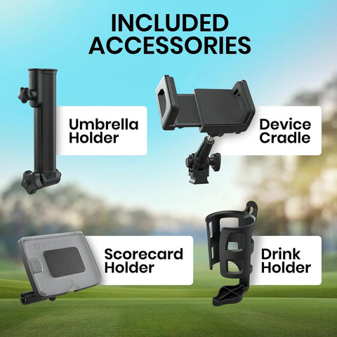 Included accessories for Top Shelf GPS Electric Golf Push Cart: Umbrella holder, device cradle, scorecard holder, drink holder.