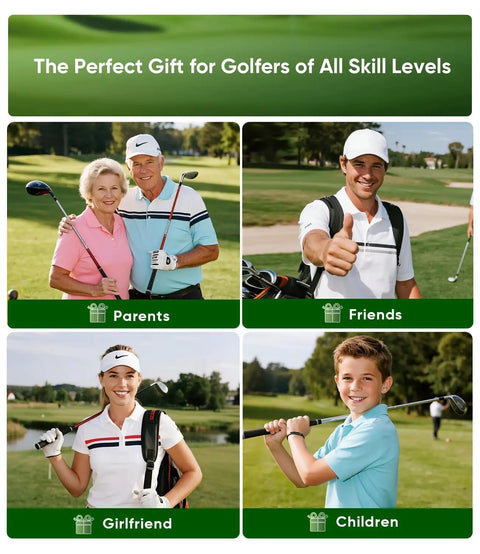 Golfers of all ages shown with bags, promoting Golf Alignment Sticks And Angle Holder Set With Portable Bag Swing Trainer And Practice Aid.