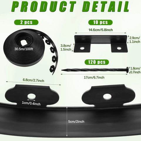 Product details of 2-Inch By 200-Foot Landscape Edging Kit With 120 Spikes And 10 Connectors DIY Friendly Black Plastic Border