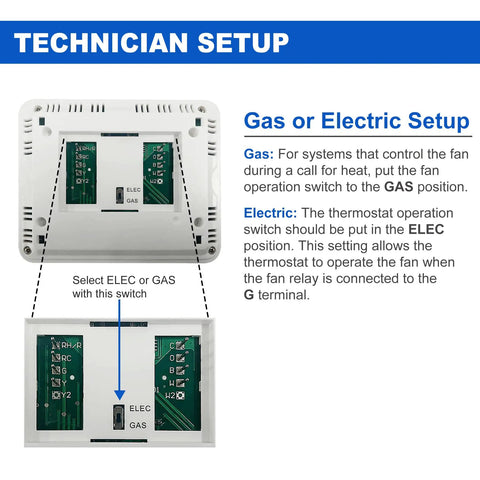 Back view setup of 2 Pack No Frills Non Programmable Digital Thermostats For Home Use, switch between ELEC and GAS.