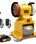 Compact Dual Wheel Bench Grinder With Coarse Fine Corundum Stones For Garage Metal Shaping Deburring Polishing Rust Removal Tight Setup Built Like A Brick For Heavy Grinding showing brown and white wheels with charger and battery.