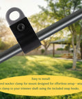 Badass Weed Eater Shoulder Strap Clamp Bracket compatible with 26Mm and 28Mm tubes, mounted on a trimmer shaft for easy setup.