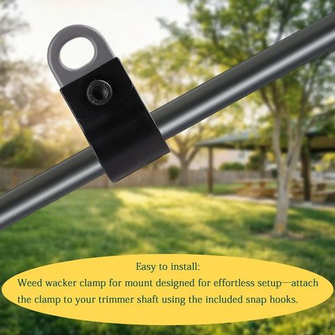 Badass Weed Eater Shoulder Strap Clamp Bracket compatible with 26Mm and 28Mm tubes, mounted on a trimmer shaft for easy setup.