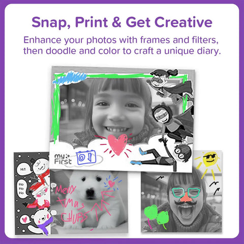 Instant Print Camera For Kids 16MP Inkless Prints With Digital Camera And Fun Frames Selfie Mode And Easy Controls Designed For Ages 3 To 12 collage with printed photos and doodle frames