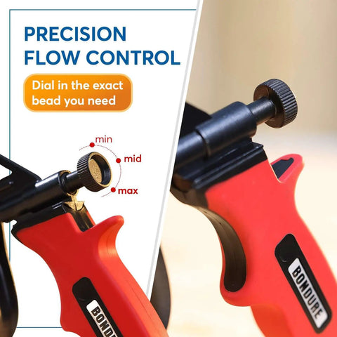 Pro Spray Foam Gun With PTFE Coated Chamber And Adjustable Flow Dial For Slick Use Ergonomic Grip Plus Eight Inch Extended Barrel Universal Screw Adapter Gonna Get Your Insulation Work Done Quick With Zero Clogs Daily showing precision flow control dial.